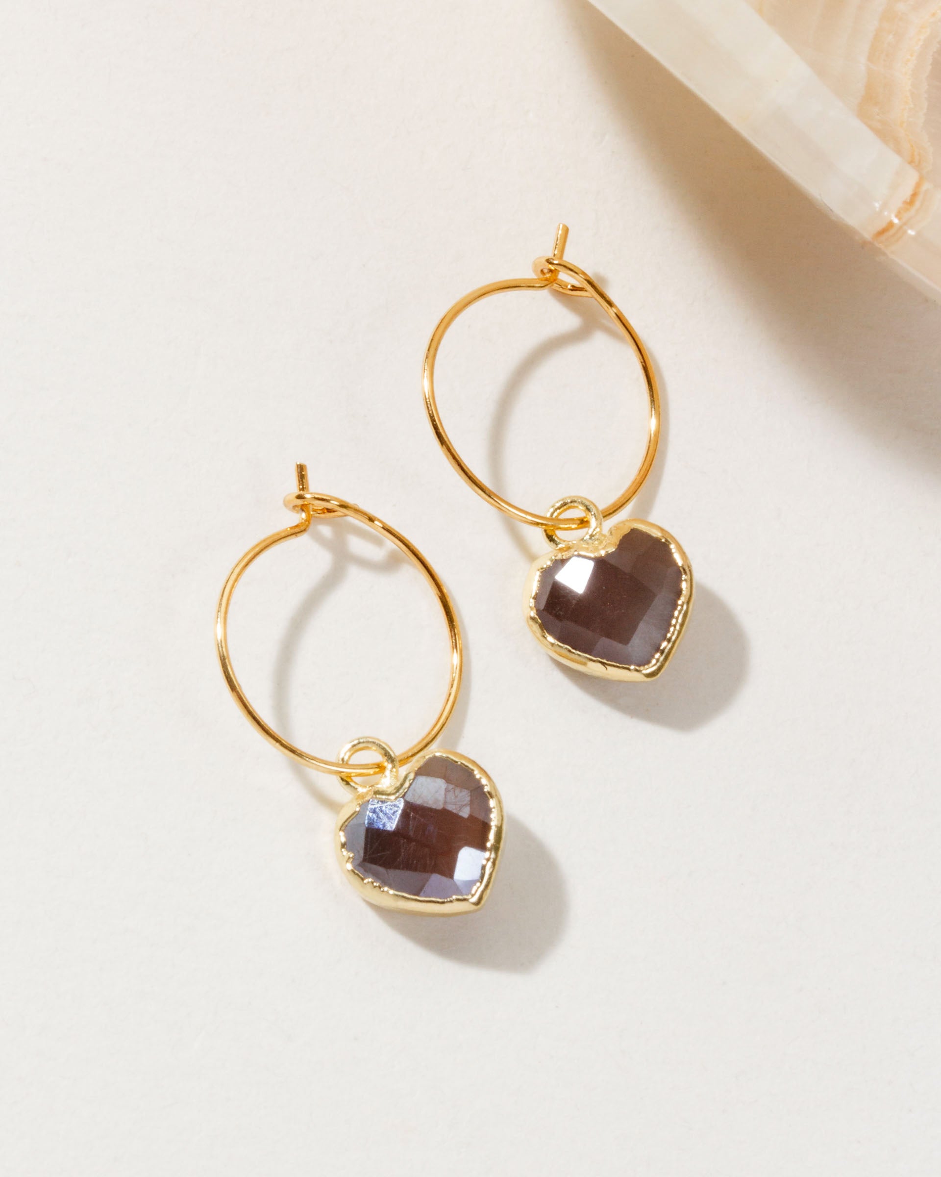 Pair of Conversation Heart Mini Hoop Earrings with Coffee Moonstone gemstones.