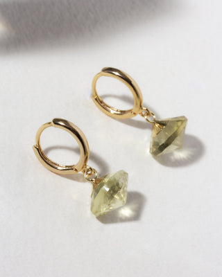 Gold huggie hoop with yellow limon quartz UFO shaped charm