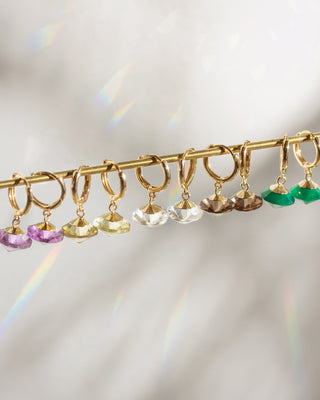 Gold huggie hoop with assorted gemstone options of UFO shaped charm