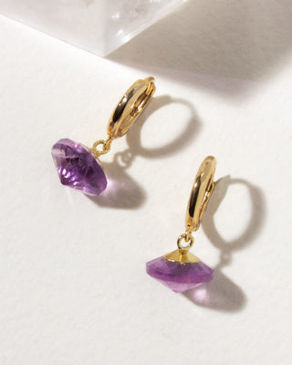 Gold huggie hoop with purple amethyst UFO shaped charm