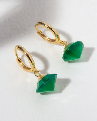 Gold huggie hoop with green chalcedony UFO shaped charm