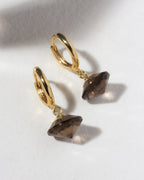 Gold huggie hoop with brown smoky quartz UFO shaped charm