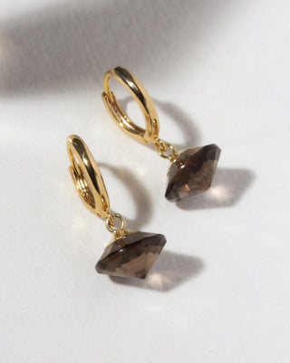 Gold huggie hoop with brown smoky quartz UFO shaped charm