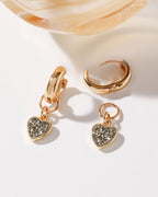 Heart's Accelerated Interchangeable Huggie Hoop Earring Gold with Black Druzy heart charm.