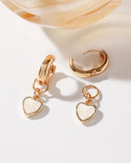 Heart's Accelerated Interchangeable Huggie Hoop Earring in Gold with White Druzy heart charm.