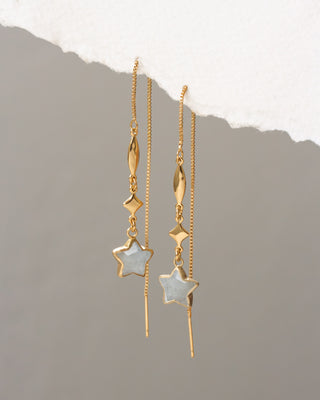 Gold earrings with star-shaped charms on a gray background