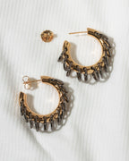 Chunky gold and oxidized gun metal plating post hoop with hanging links.