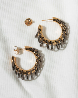 Chunky gold and oxidized gun metal plating post hoop with hanging links.