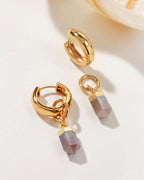 Gold huggie hoop earrings with removable Coffee Moonstone point charms are displayed.