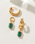Gold huggie hoop earring with a removable green Emerald gemstone charm.