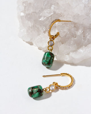 Gold and cz hoop earrings with green labradorite gemstones on a white background