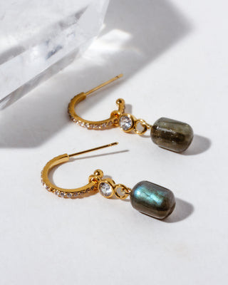Gold and cz hoop earrings with labradorite gemstones on a light background