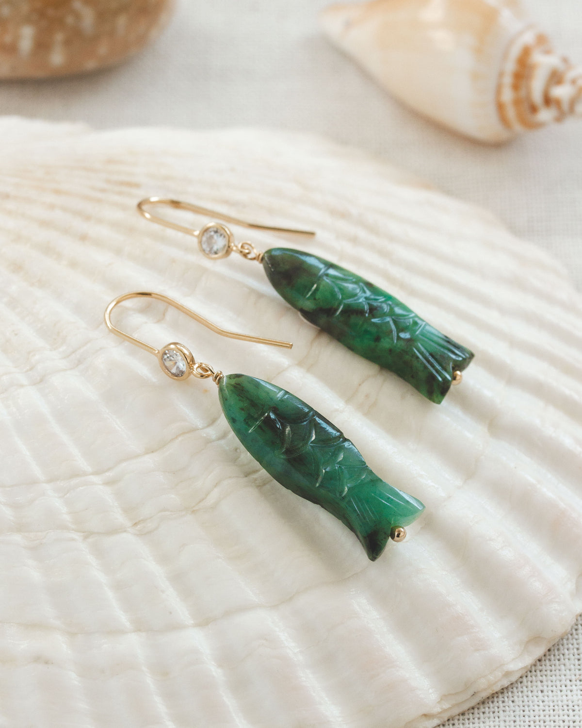 Green Emerald fish-shaped earrings with CZ elements