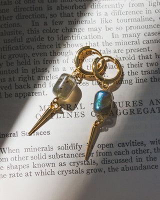 Gold huggie earrings with labradorite gemstones and spike shaped charm on a book page