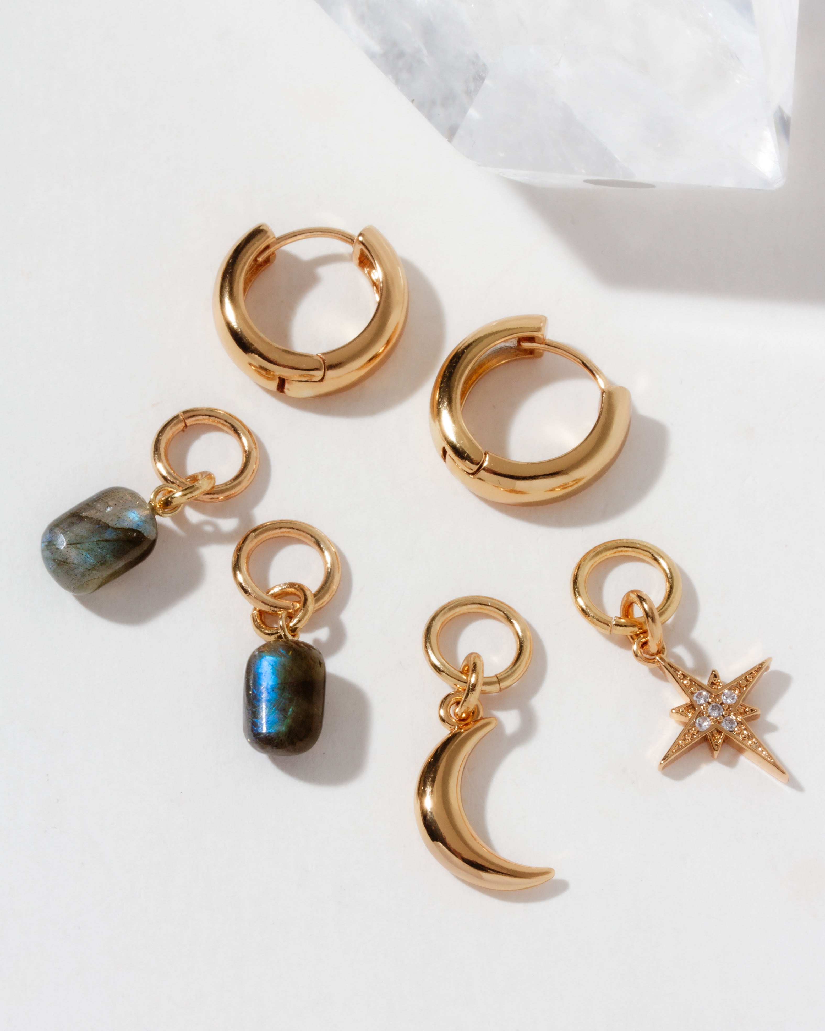 Constella Interchangeable Charm Hoop Set with Labradorite, moon, and star charms.