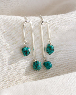 Turquoise bead earrings on a white fabric background
