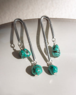 Pair of earrings with turquoise beads on a white plate