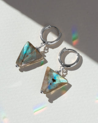 Triangular gemstone earrings on a light background
