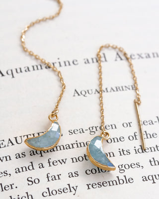 Pair of gold earrings with aquamarine pendants on a text background