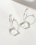 Clear quartz geometric shaped sterling silver hoop hearings on a white background.