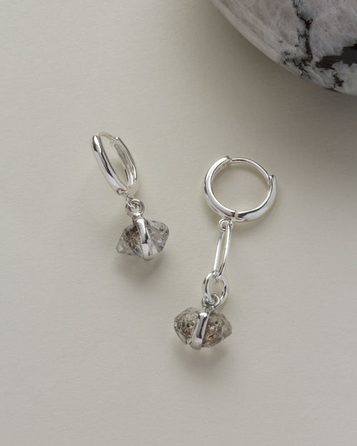 Mismatched Silver Plated Herkimer Quartz drop earrings.