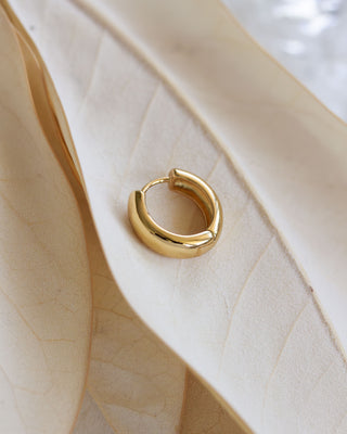 A single gold-colored huggie hoop earring resting on a leaf, highlighting its golden color and circular shape.