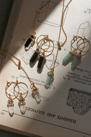 Gold necklaces with crystal pendants on an open book