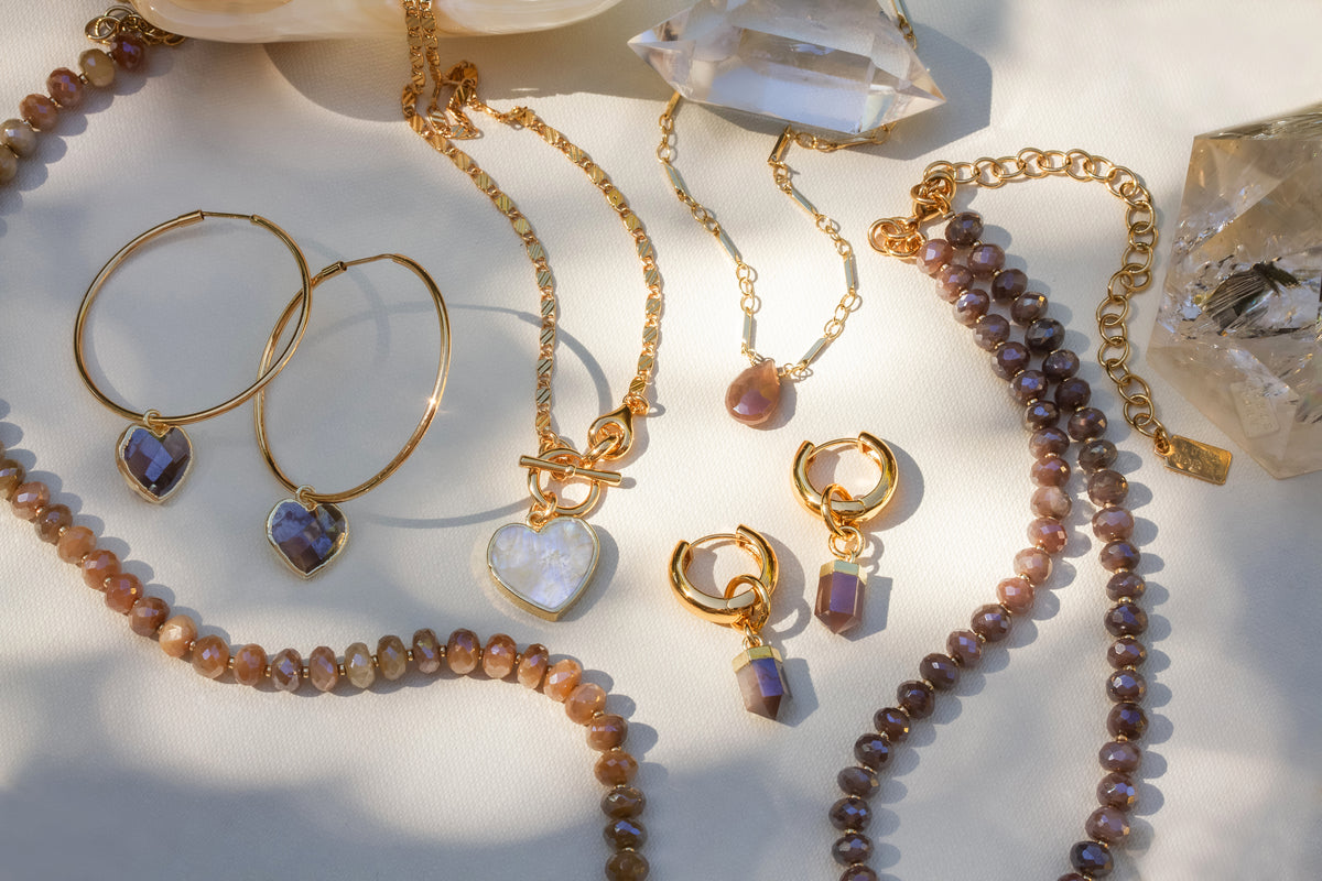 Java Jewel beaded necklaces in Coffee and Peach Moonstone variants, with matching earrings