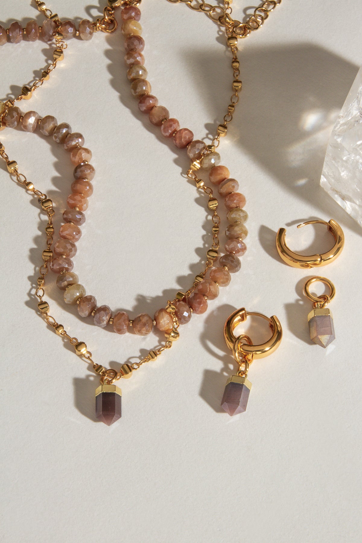 Java Jewel beaded necklace and earrings with Peach Moonstone gems and gold metal.