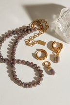 Java Jewel beaded collar necklace in Coffee Moonstone with matching earrings and a Quartz crystal.