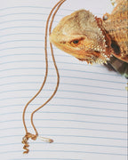 A small lizard resting on an open lined notebook with a gold necklace draped across the pages. 