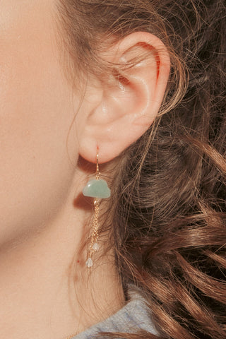 A model wearing aquamarine cloud drop earring.