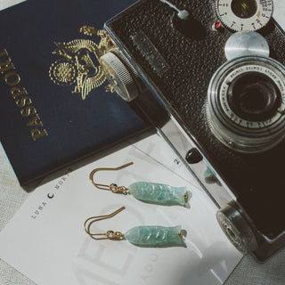 Vintage camera, passport, and fish shaped earrings on a postcard