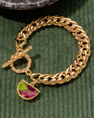 Inspired by Luna Norte Collage Toggle Bracelet Made With Colorful Pink and Green Composite Quartz and 14K Gold Plated Brass Chunky Link Chain with a Circular Toggle