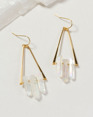 Gold-tone fish hook dangle earrings with three AB iridescent clear crystal drops on each earring.