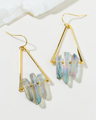 Gold fish hook earrings with multicolor blue and purple quartz gemstones.
