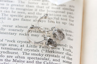 Silver hoop earrings with rough, irregular Herkimer quartz clear crystal charms.