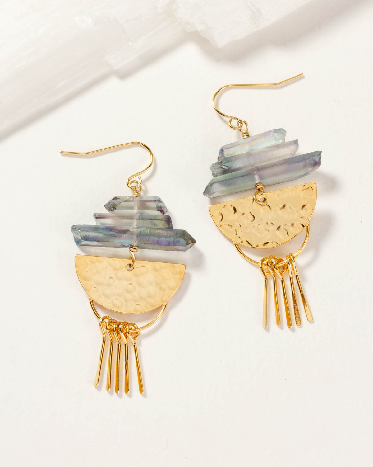 Multi blue quartz gold fringe fish hook earring pair.