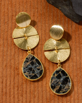 Inspired by Luna Norte In Suspense Statement Earrings Made of Black Composite Quartz in Large Oval Shape  with Copper Veining and 14K Plated Brass Circular Settings 