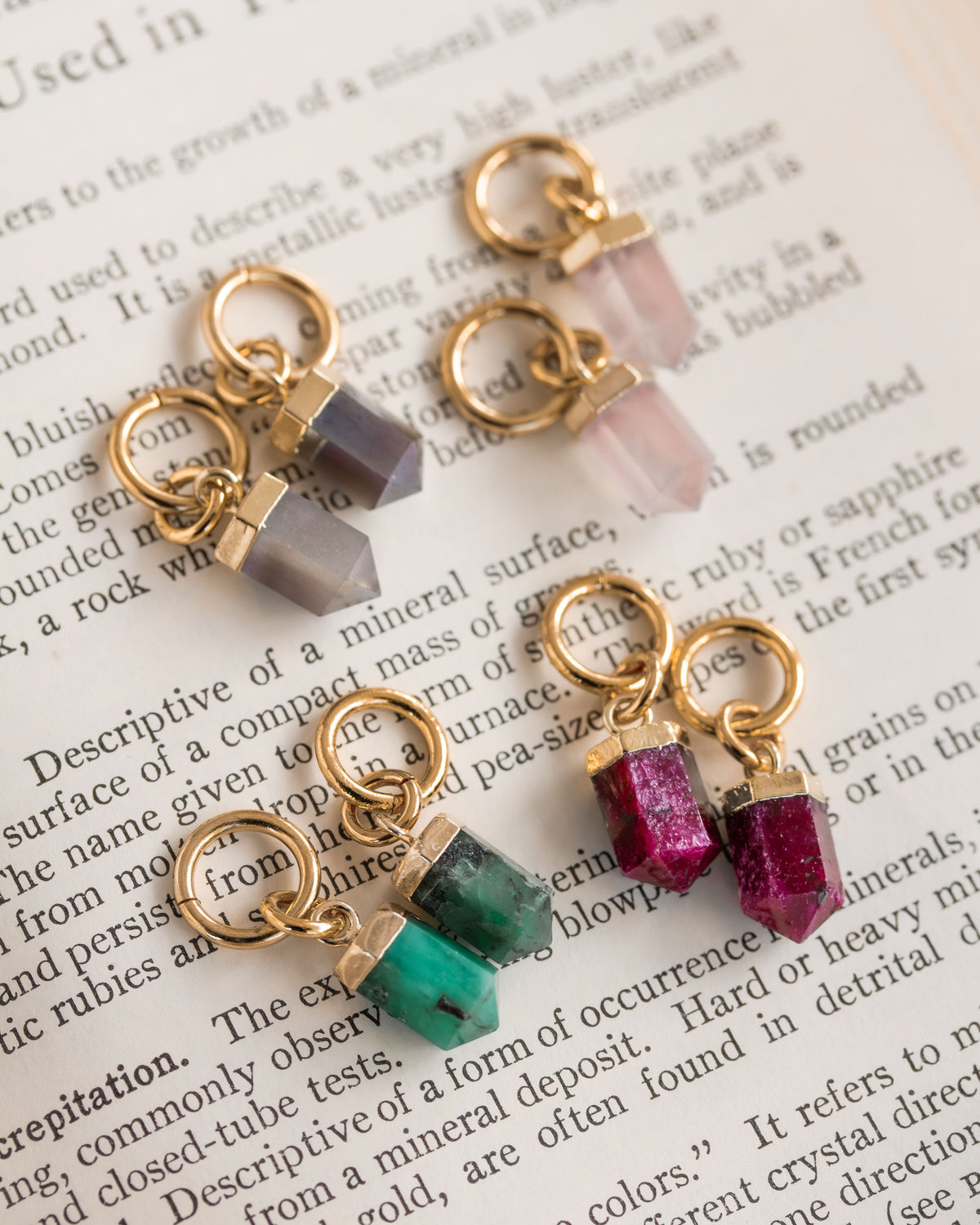 Several pendant charms on a book page.