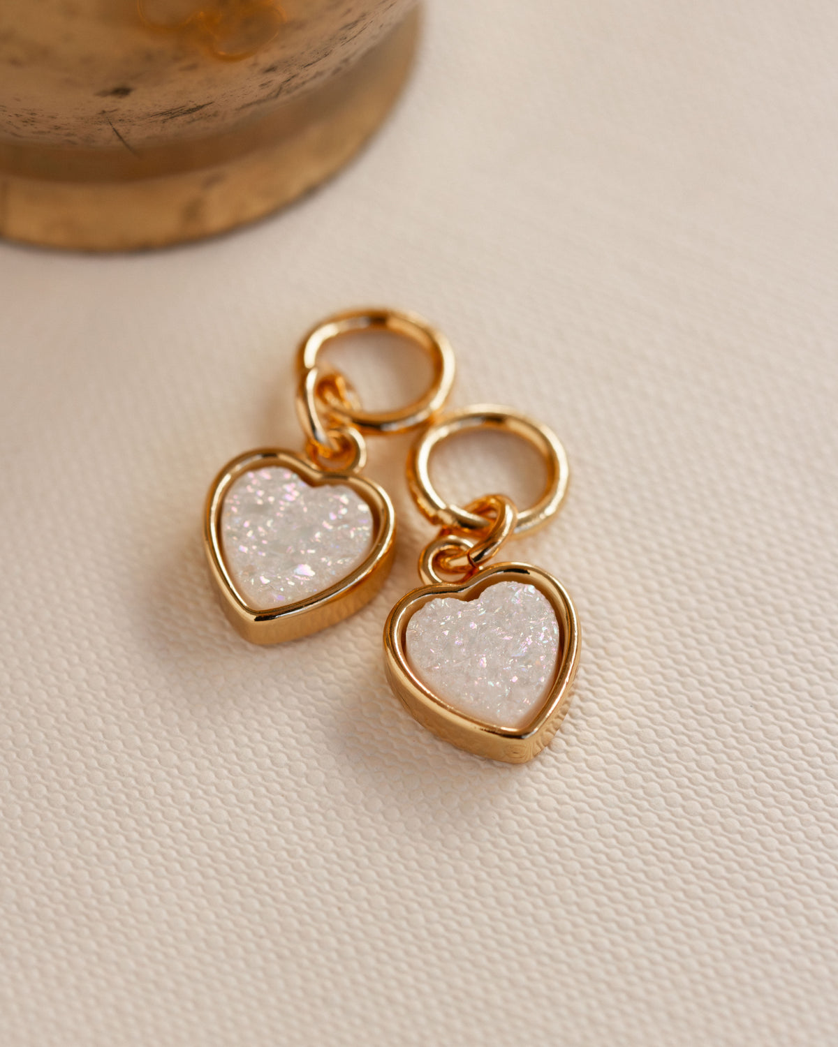 White druzy quartz heart earring charms in gold settings for interchangeable hoops