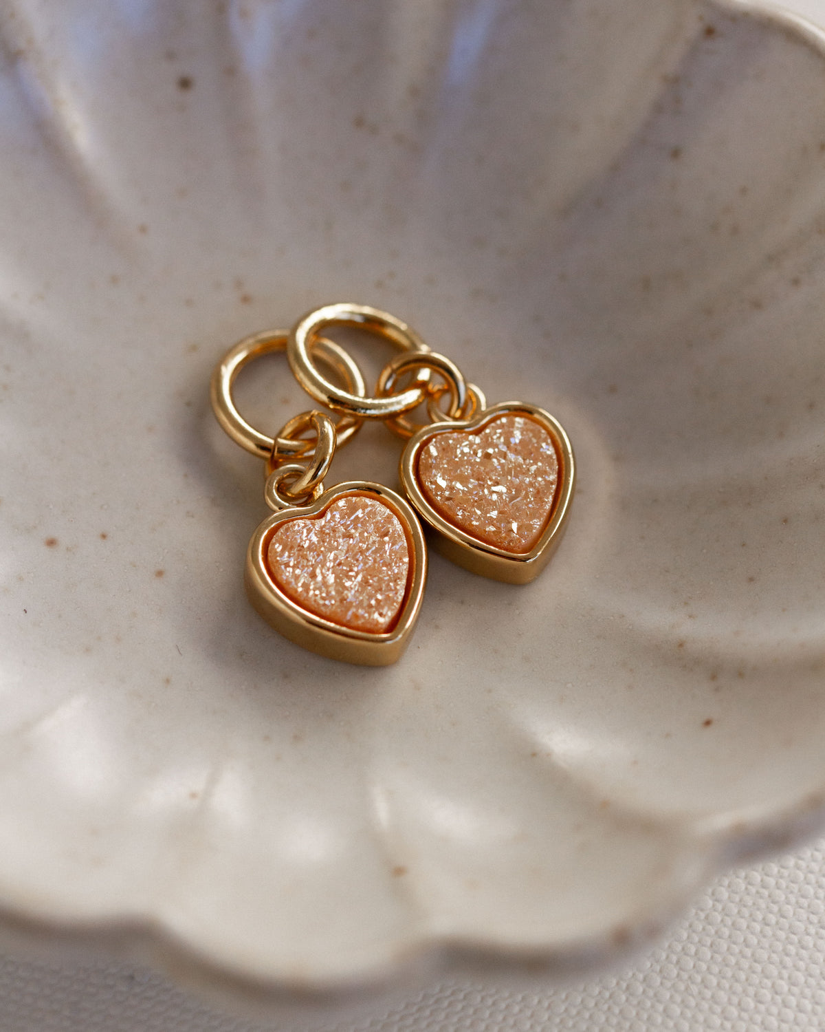 White and peach druzy quartz heart earring charms in gold settings