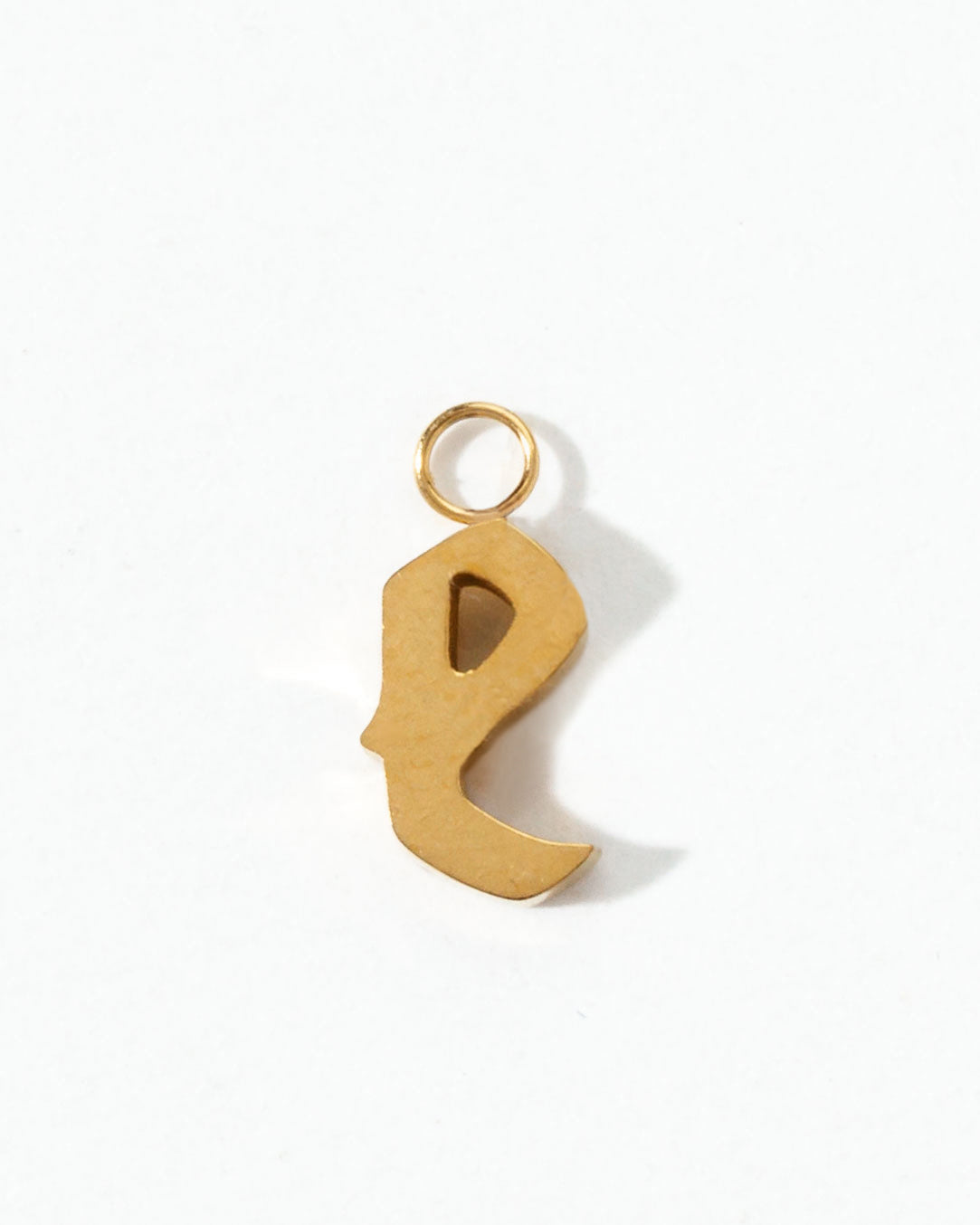Gold letter "e" charm on a white background.