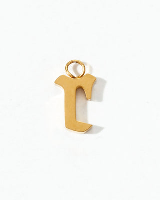 Gold letter "r" charm on a white background.