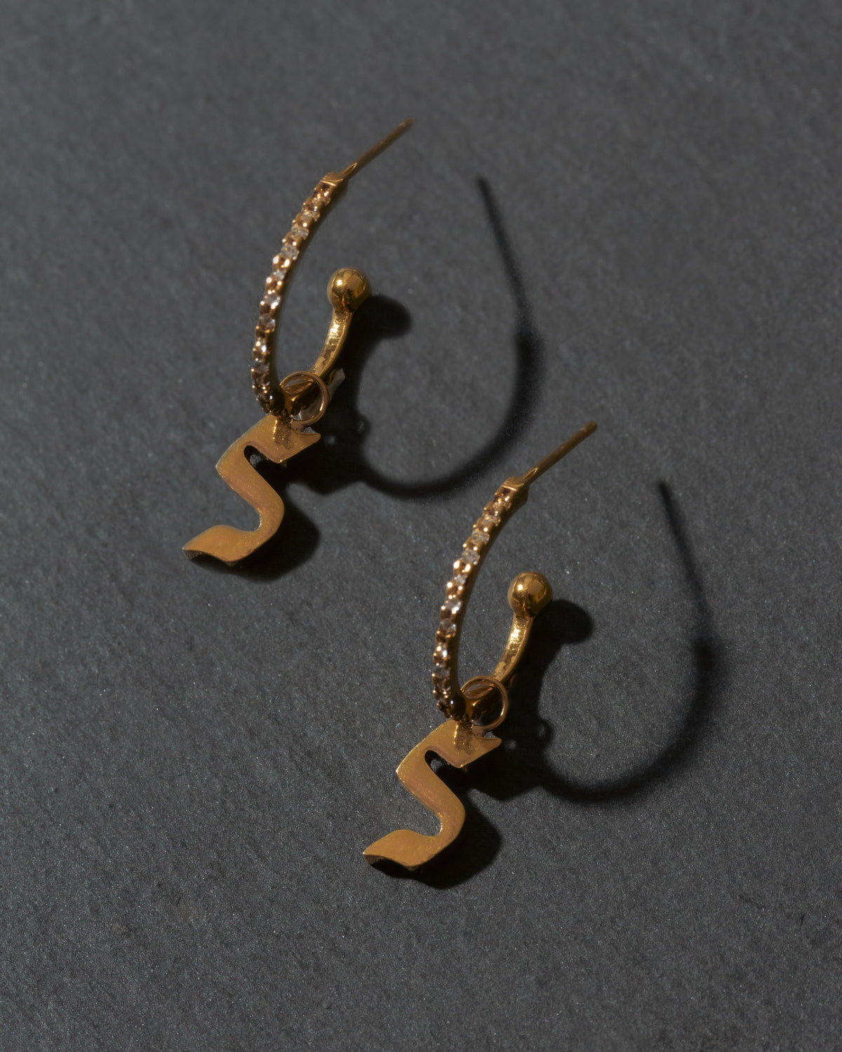 Gold earrings with 'S' initials on a gray background