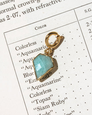 A gold charm featuring a faceted light blue aquamarine gemstone, resting on a printed page with color reference text.