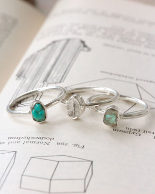 Three silver rings with turquoise, labradorite, and herkimer quartz gemstones displayed on a white book page.