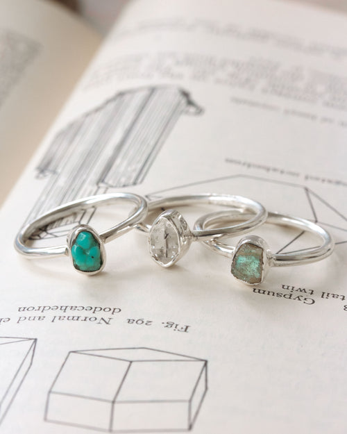 Three silver rings with turquoise, labradorite, and Herkimer quartz gemstones