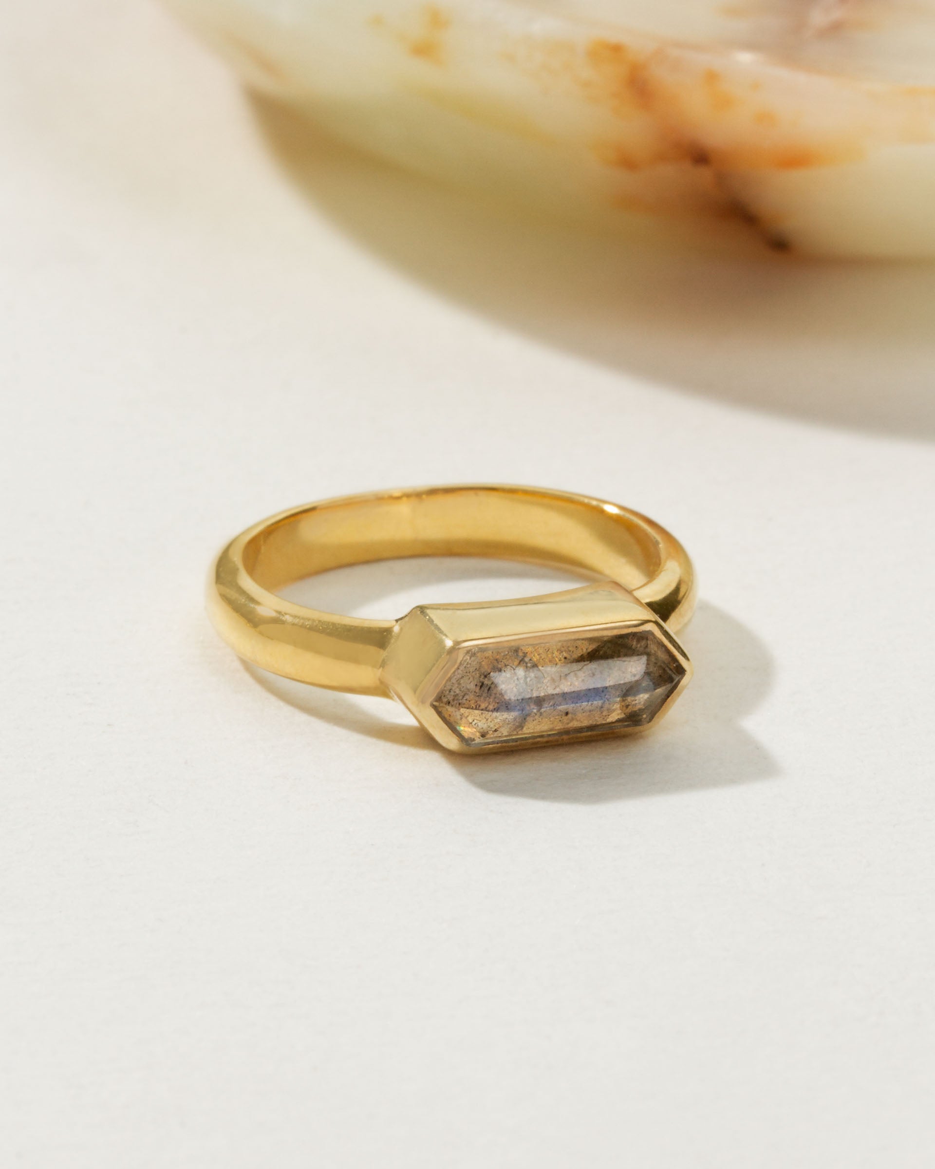 Gold Kaleidoscope Ring with a Labradorite stone.