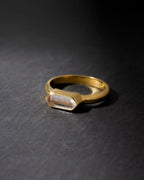 Gold ring with a rectangular gemstone on a dark gray background